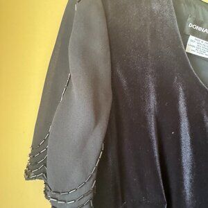 Black velvet Donna Morgan Dress with buttoned back and beaded sleeves